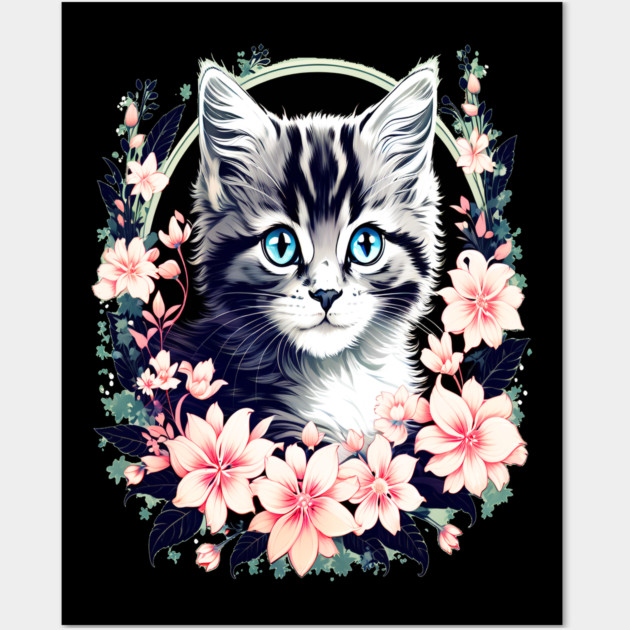 Black and Grey Kitten Surrounded by Spring Flowers Wall Art by BirdsnStuff