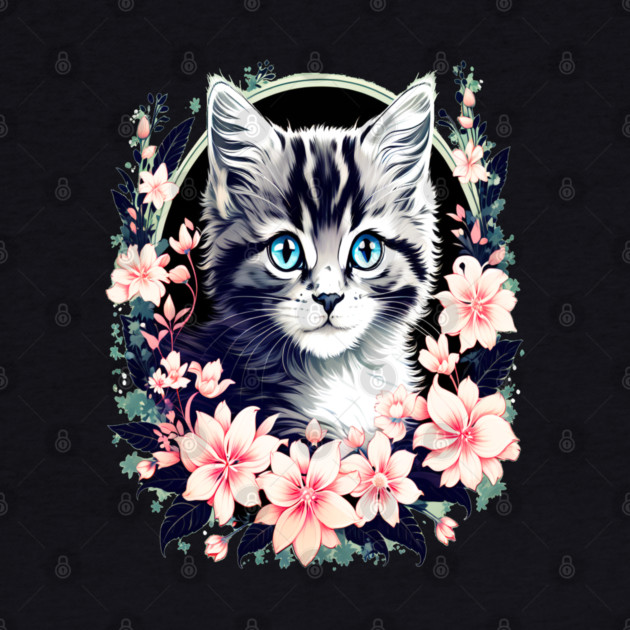 Black and Grey Kitten Surrounded by Spring Flowers by BirdsnStuff