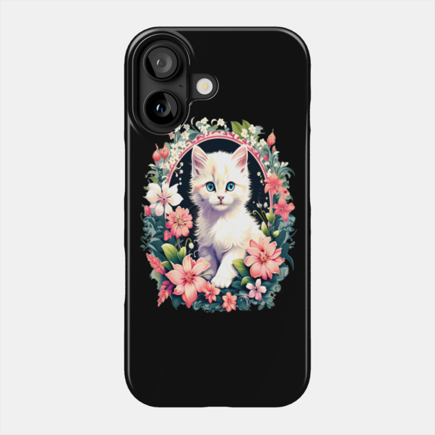 Beautiful white ktiten surrounded by spring flowers Phone Case by BirdsnStuff