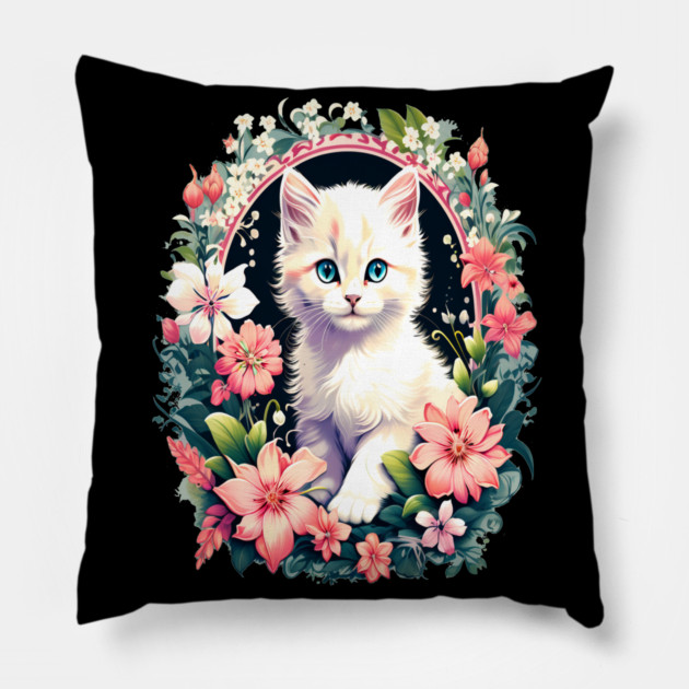 Beautiful white ktiten surrounded by spring flowers Pillow by BirdsnStuff
