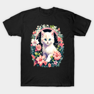 Beautiful white ktiten surrounded by spring flowers T-Shirt