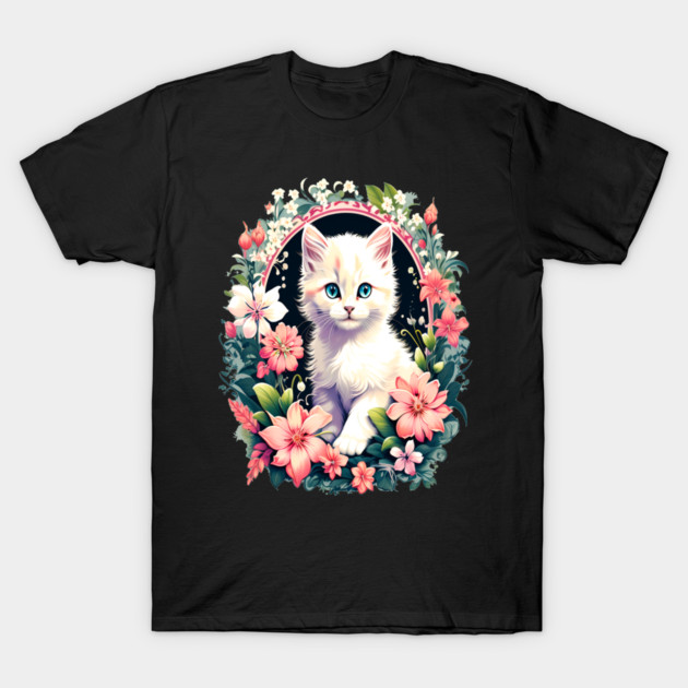 Beautiful white ktiten surrounded by spring flowers T-Shirt by BirdsnStuff