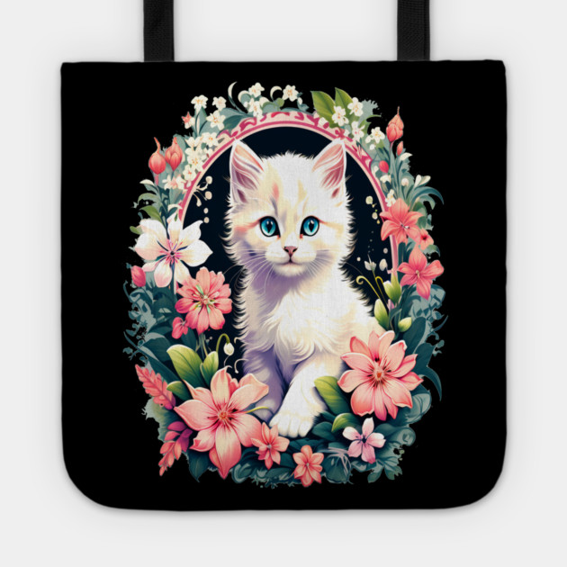 Beautiful white ktiten surrounded by spring flowers Tote by BirdsnStuff