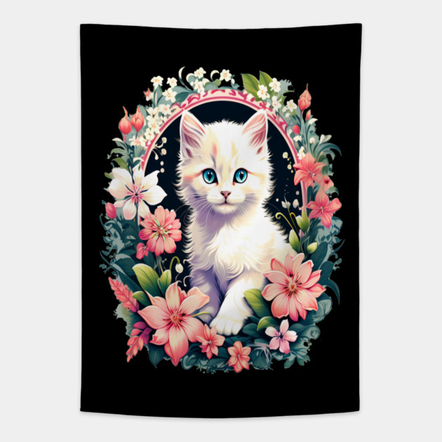 Beautiful white ktiten surrounded by spring flowers Tapestry by BirdsnStuff