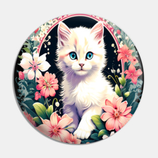 Beautiful white ktiten surrounded by spring flowers Pin