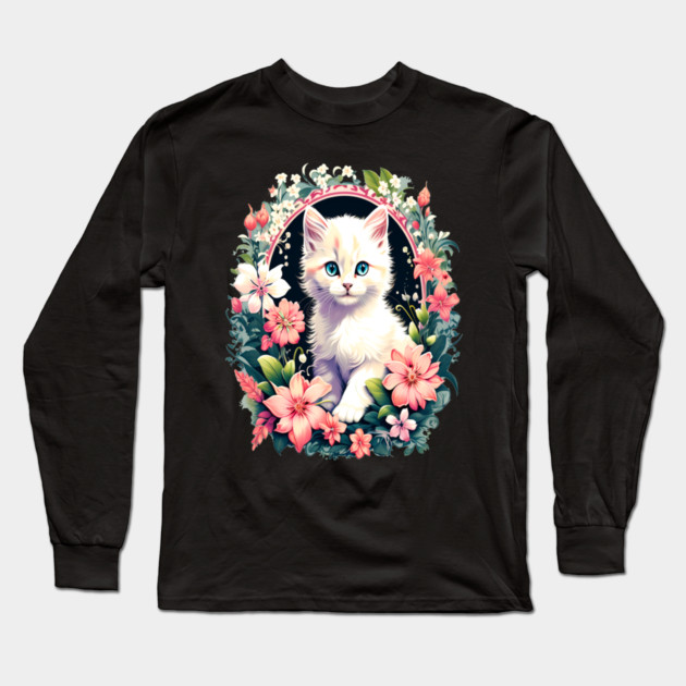 Beautiful white ktiten surrounded by spring flowers Long Sleeve T-Shirt by BirdsnStuff
