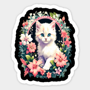 Beautiful white ktiten surrounded by spring flowers Sticker