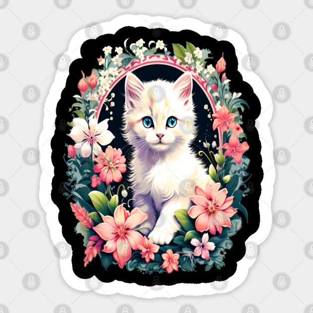 Beautiful white ktiten surrounded by spring flowers Sticker by BirdsnStuff