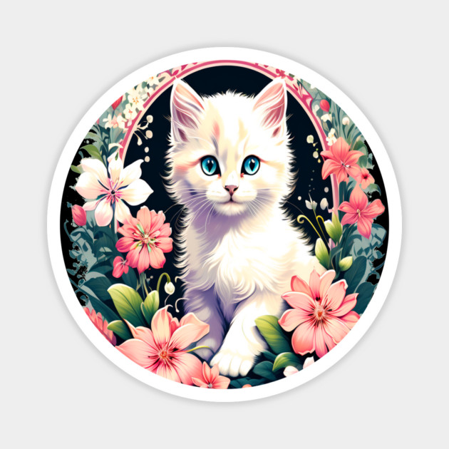 Beautiful white ktiten surrounded by spring flowers Magnet by BirdsnStuff