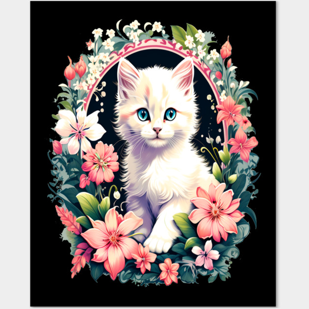 Beautiful white ktiten surrounded by spring flowers Wall Art by BirdsnStuff