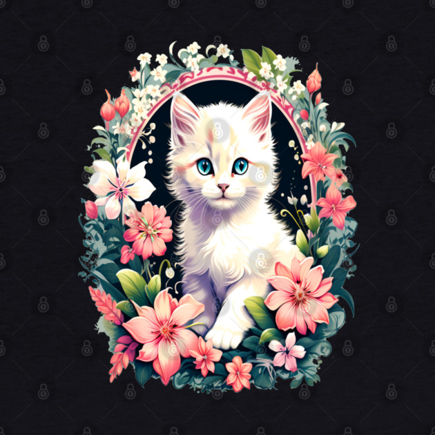 Beautiful white ktiten surrounded by spring flowers by BirdsnStuff