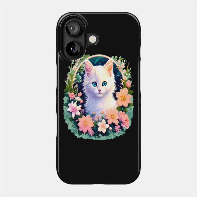 Beautiful White Kitten Surrounded by Spring Flowers Phone Case by BirdsnStuff