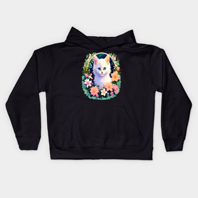 Beautiful White Kitten Surrounded by Spring Flowers Kids Hoodie by BirdsnStuff
