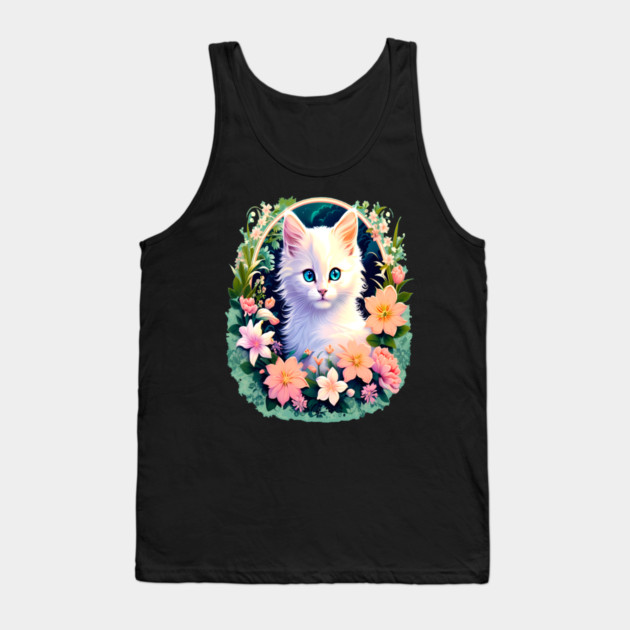 Beautiful White Kitten Surrounded by Spring Flowers Tank Top by BirdsnStuff
