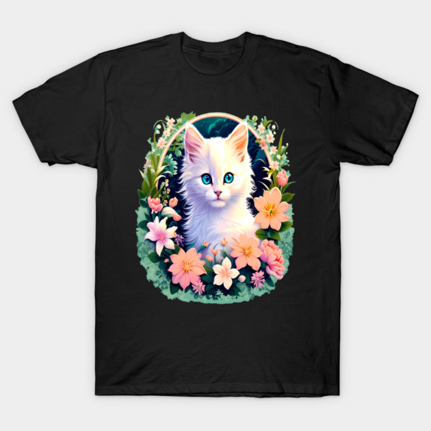 Beautiful White Kitten Surrounded by Spring Flowers T-Shirt by BirdsnStuff
