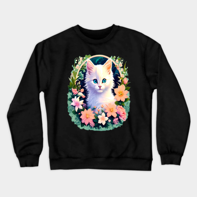 Beautiful White Kitten Surrounded by Spring Flowers Crewneck Sweatshirt by BirdsnStuff