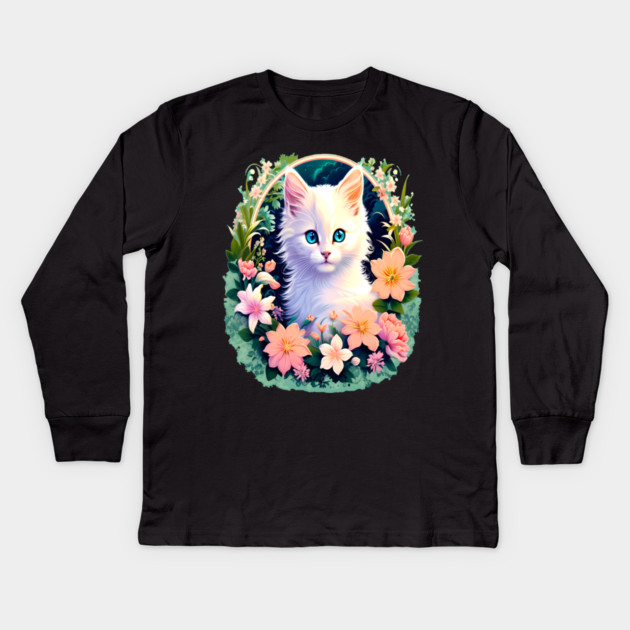 Beautiful White Kitten Surrounded by Spring Flowers Kids Long Sleeve T-Shirt by BirdsnStuff