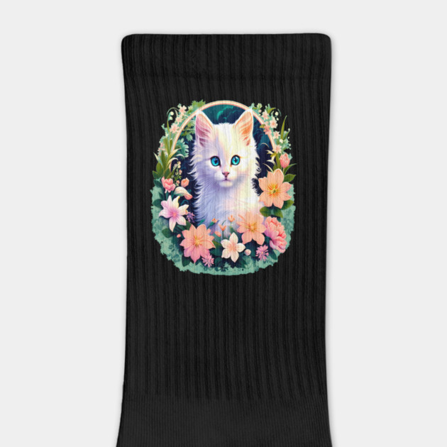 Beautiful White Kitten Surrounded by Spring Flowers by BirdsnStuff