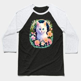 Beautiful White Kitten Surrounded by Spring Flowers Baseball T-Shirt