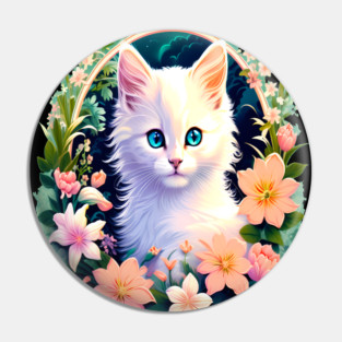 Beautiful White Kitten Surrounded by Spring Flowers Pin