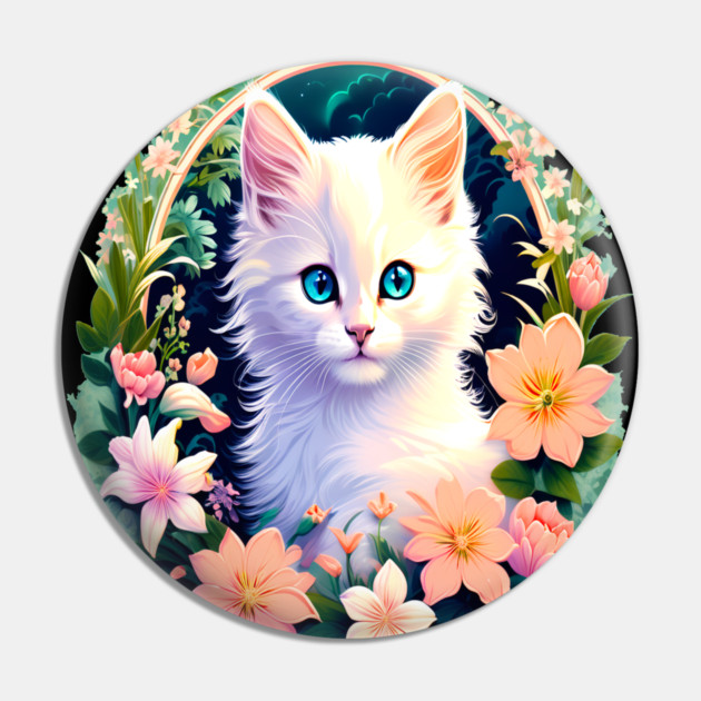 Beautiful White Kitten Surrounded by Spring Flowers Pin by BirdsnStuff