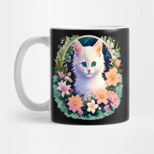 Beautiful White Kitten Surrounded by Spring Flowers Mug