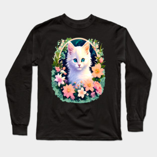 Beautiful White Kitten Surrounded by Spring Flowers Long Sleeve T-Shirt