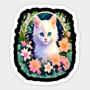 Beautiful White Kitten Surrounded by Spring Flowers Sticker