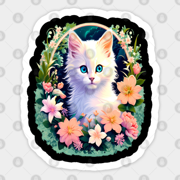 Beautiful White Kitten Surrounded by Spring Flowers Sticker by BirdsnStuff