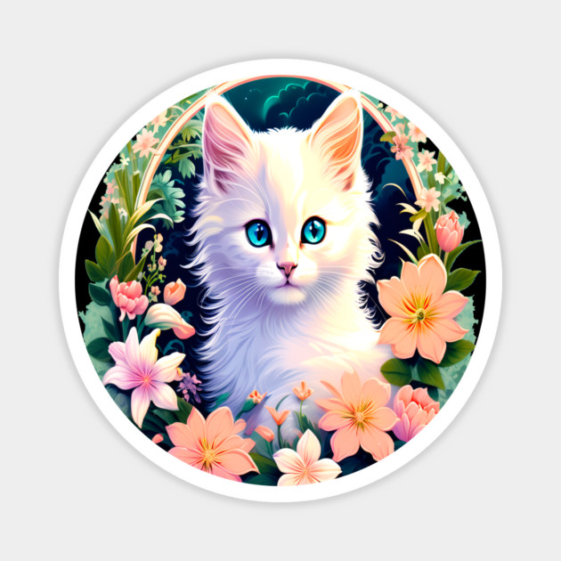 Beautiful White Kitten Surrounded by Spring Flowers Magnet by BirdsnStuff