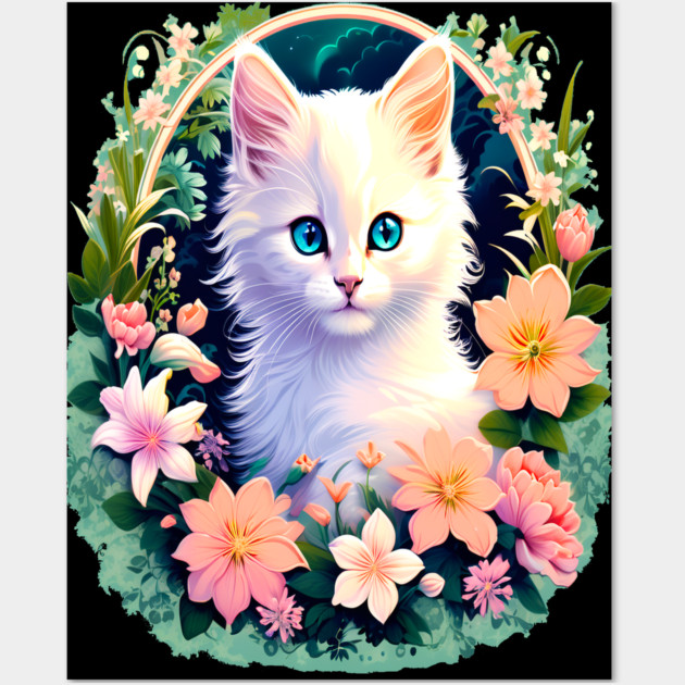 Beautiful White Kitten Surrounded by Spring Flowers Wall Art by BirdsnStuff