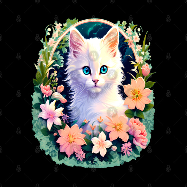 Beautiful White Kitten Surrounded by Spring Flowers by BirdsnStuff