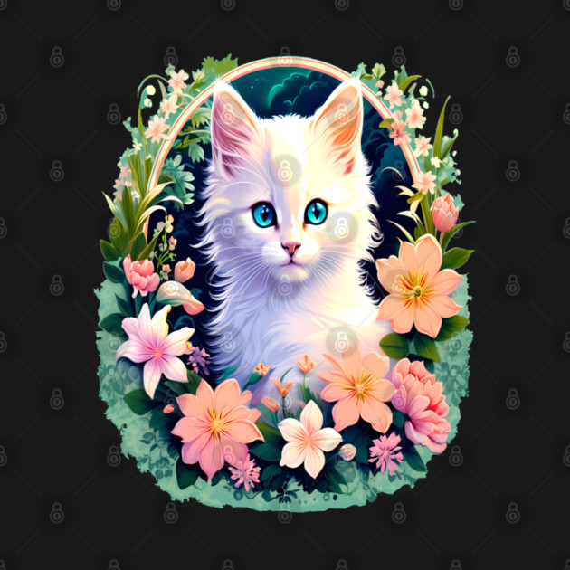 Beautiful White Kitten Surrounded by Spring Flowers by BirdsnStuff