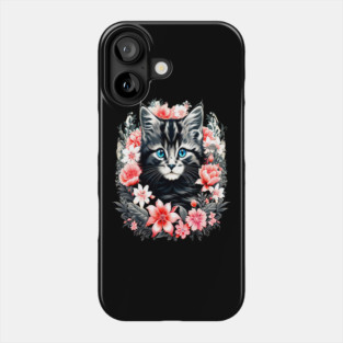 Black and Grey Kitten Surrounded by Spring Flowers Phone Case