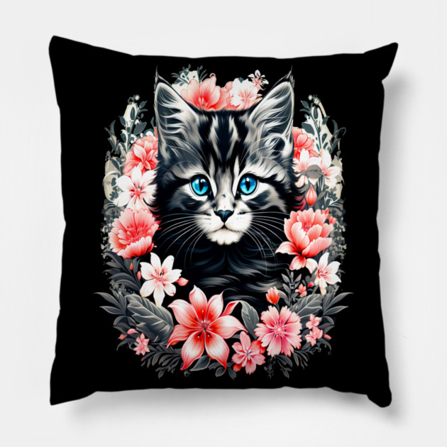 Black and Grey Kitten Surrounded by Spring Flowers Pillow by BirdsnStuff