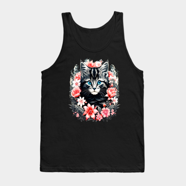 Black and Grey Kitten Surrounded by Spring Flowers Tank Top by BirdsnStuff