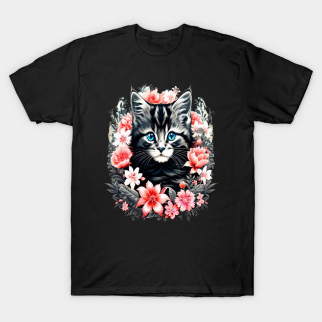 Black and Grey Kitten Surrounded by Spring Flowers T-Shirt by BirdsnStuff