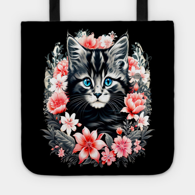 Black and Grey Kitten Surrounded by Spring Flowers Tote by BirdsnStuff