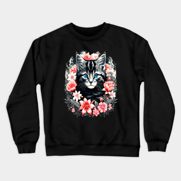 Black and Grey Kitten Surrounded by Spring Flowers Crewneck Sweatshirt by BirdsnStuff