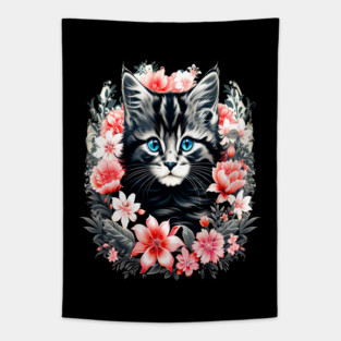 Black and Grey Kitten Surrounded by Spring Flowers Tapestry