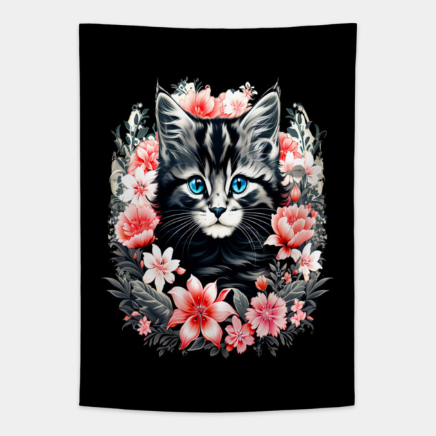Black and Grey Kitten Surrounded by Spring Flowers Tapestry by BirdsnStuff