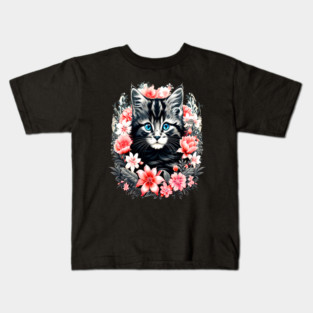 Black and Grey Kitten Surrounded by Spring Flowers Kids T-Shirt