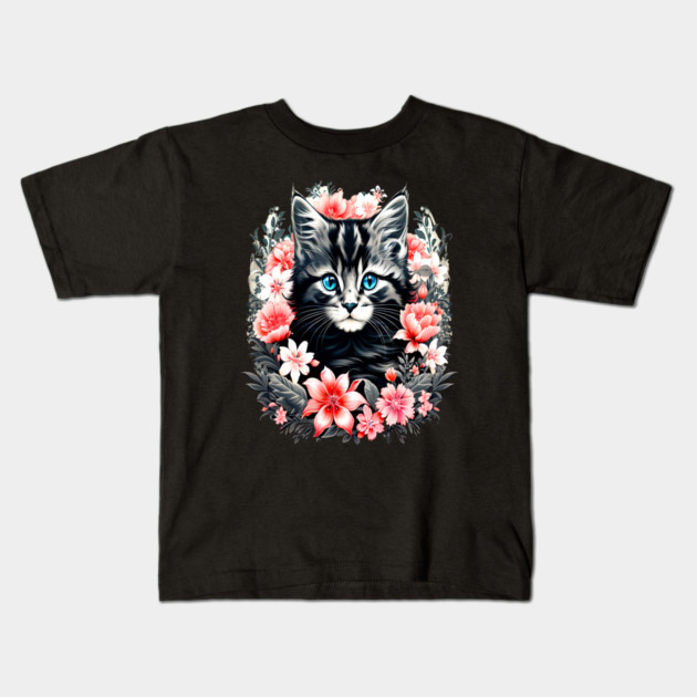 Black and Grey Kitten Surrounded by Spring Flowers Kids T-Shirt by BirdsnStuff