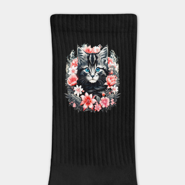 Black and Grey Kitten Surrounded by Spring Flowers by BirdsnStuff