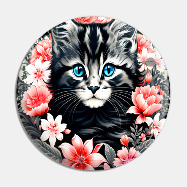 Black and Grey Kitten Surrounded by Spring Flowers Pin by BirdsnStuff
