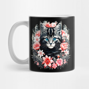Black and Grey Kitten Surrounded by Spring Flowers Mug