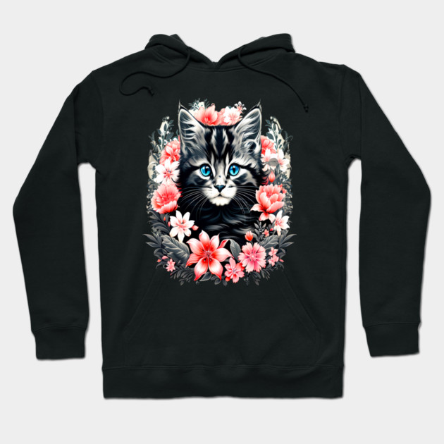 Black and Grey Kitten Surrounded by Spring Flowers Hoodie by BirdsnStuff