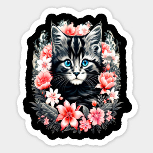 Black and Grey Kitten Surrounded by Spring Flowers Sticker