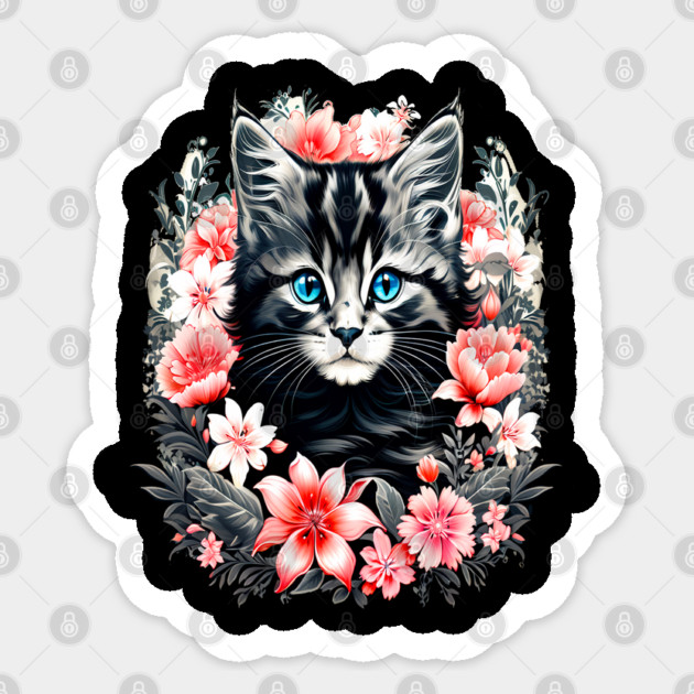 Black and Grey Kitten Surrounded by Spring Flowers Sticker by BirdsnStuff