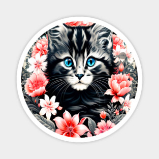 Black and Grey Kitten Surrounded by Spring Flowers Magnet